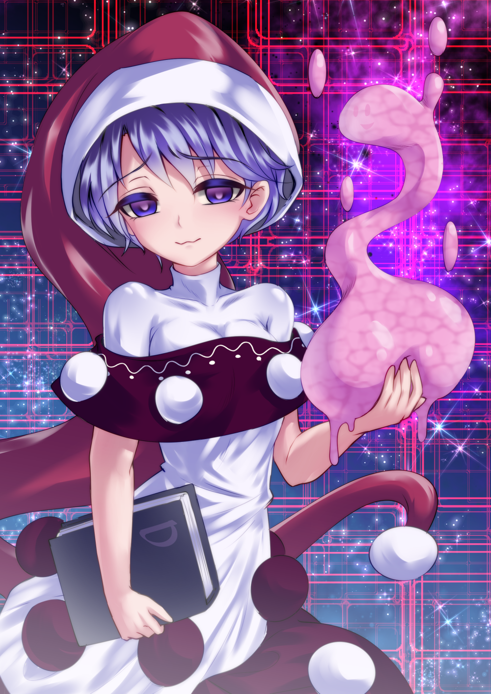 1girl :3 antinomy_of_common_flowers blue_eyes blue_hair book breasts closed_mouth doremy_sweet dream_soul dress eyebrows_visible_through_hair hat highres holding holding_book looking_at_viewer medium_breasts nightcap nomayo pom_pom_(clothes) red_hat shiny shiny_hair short_hair solo sparkle tail tapir_tail touhou white_dress