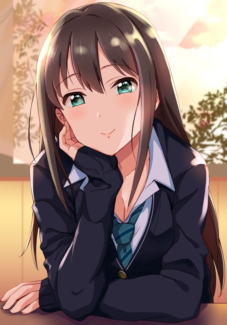 1girl arm_support bangs blush breasts brown_hair cardigan cleavage eyebrows_visible_through_hair green_eyes idolmaster idolmaster_cinderella_girls long_hair looking_at_viewer necktie shibuya_rin solo