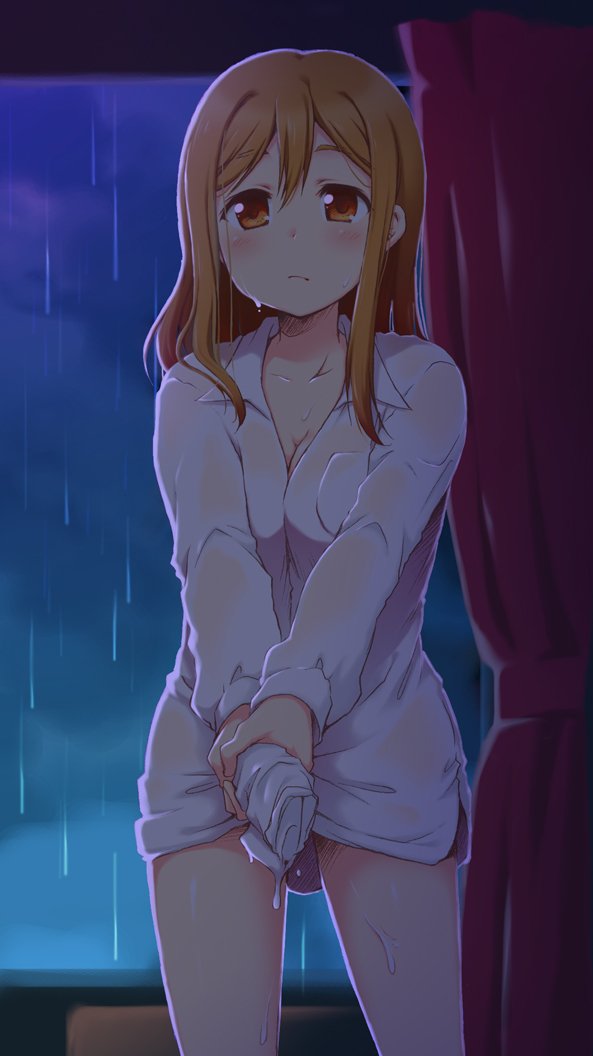 1girl ayami_chiha breasts brown_eyes brown_hair cleavage closed_mouth commentary_request curtains kunikida_hanamaru long_hair long_sleeves looking_at_viewer love_live! love_live!_sunshine!! medium_breasts naked_shirt rain shirt solo standing wet wet_clothes white_shirt wringing_clothes