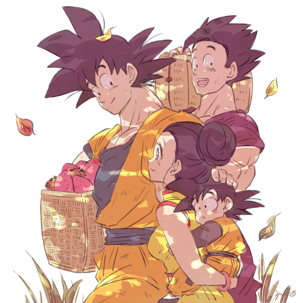 1girl 3boys artist_name basket black_eyes black_hair blush bracelet chi-chi_(dragon_ball) chinese_clothes dappled_sunlight dougi dragon_ball dragonball_z expressionless family food fruit hand_on_another's_head happy jewelry leaf looking_at_another looking_away miiko_(drops7) multiple_boys open_mouth piggyback simple_background smile son_gohan son_gokuu son_goten spiky_hair strawberry sunlight tied_hair walking white_background
