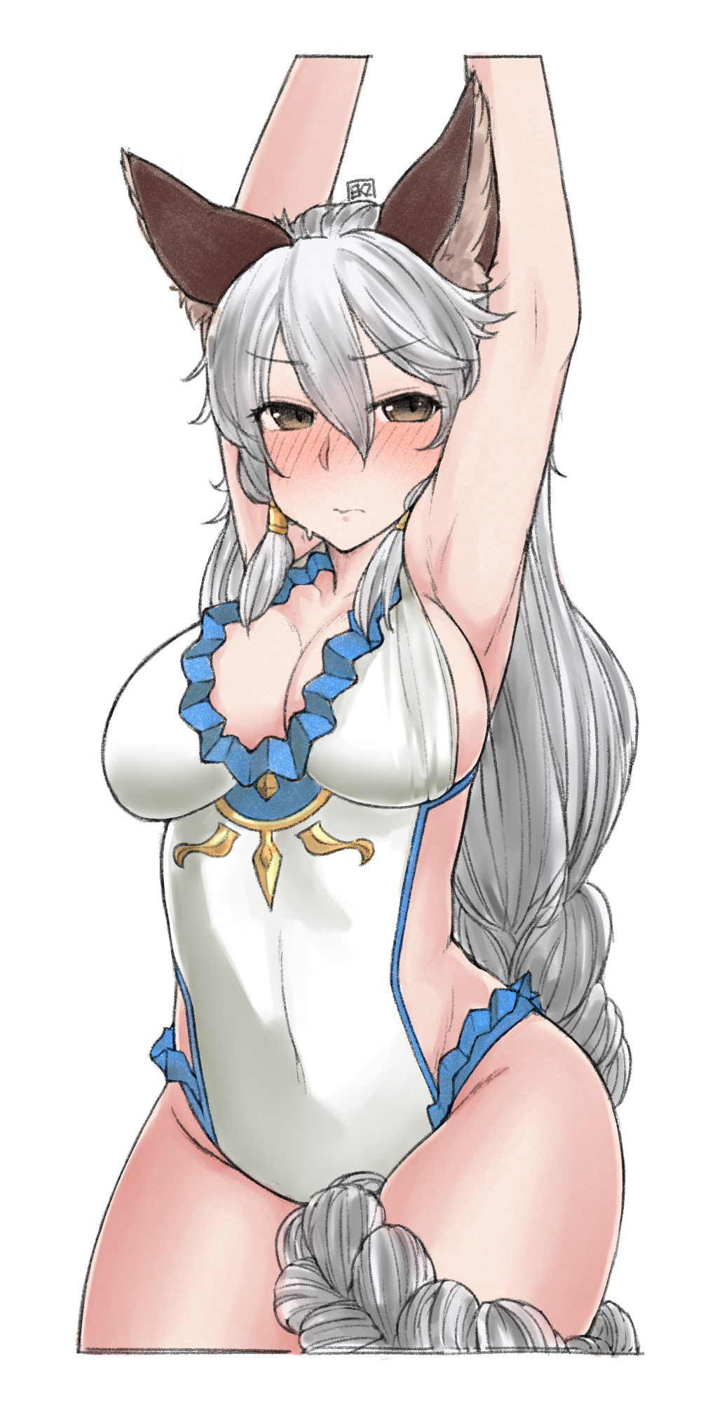 1girl 3: animal_ears armpits arms_up blush breasts brown_eyes closed_mouth collarbone cowboy_shot cropped_arms cropped_legs ekz_(drawfag) erun_(granblue_fantasy) eyebrows_visible_through_hair frilled_swimsuit frills granblue_fantasy groin hair_between_eyes head_tilt heles highres large_breasts long_hair looking_at_viewer nose_blush one-piece_swimsuit silver_hair simple_background sketch solo swimsuit very_long_hair white_background white_swimsuit