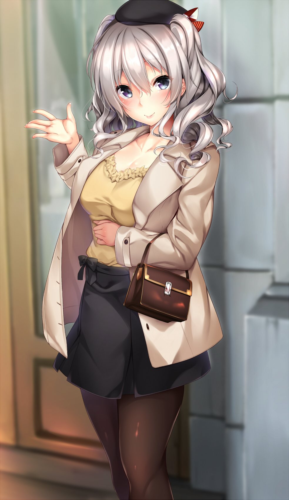 1girl bag beret black_hat black_skirt blue_eyes blurry blush breasts cleavage collarbone commentary_request depth_of_field doors eyebrows_visible_through_hair grey_jacket hair_between_eyes hair_ribbon handbag hat highres jacket kantai_collection kashima_(kantai_collection) lips long_hair long_sleeves medium_breasts mitsukoshi_(department_store) nironiro open_clothes open_jacket outdoors outstretched_hand pantyhose ribbon shirt silver_hair skirt smile solo spread_fingers standing twintails wall wavy_hair yellow_shirt