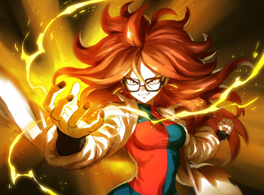 &gt;:d 1girl :d ahoge android_21 arm_warmers black-framed_eyewear black_nails breasts clenched_hand covered_navel dragon_ball dragon_ball_fighterz dress energy glaring glasses grey_eyes grin labcoat lightning long_hair long_sleeves medium_breasts multicolored multicolored_clothes multicolored_dress murakami_hisashi nail_polish open_mouth redhead smile solo teeth turtleneck_dress very_long_hair