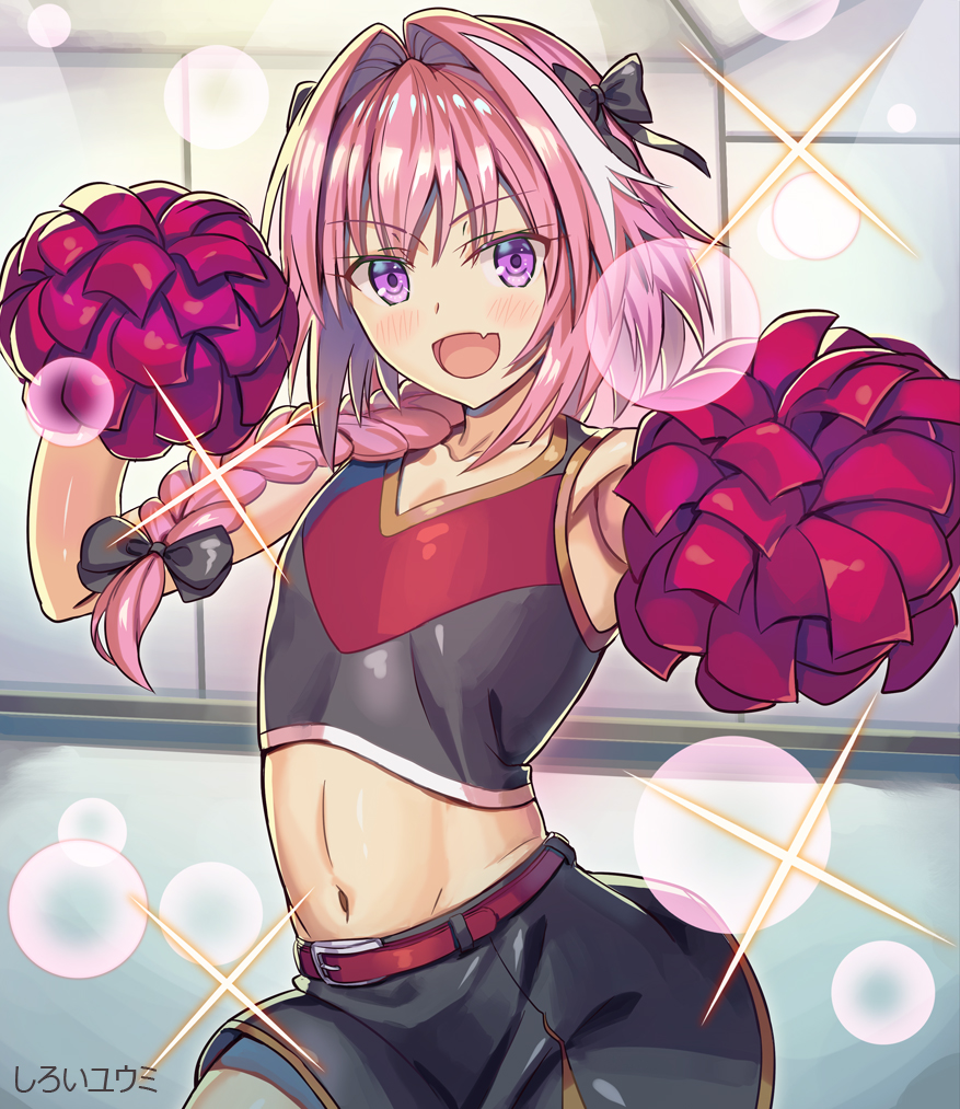 1boy abs androgynous black_bow blush bow braid cheerleader crop_top crop_top_overhang fang fate/apocrypha fate/grand_order fate_(series) hair_intakes hair_ribbon looking_at_viewer male_focus midriff miniskirt multicolored_hair navel open_mouth pink_hair pom_poms ribbon rider_of_black shiroi_yuumi single_braid skirt sleeveless smile solo streaked_hair trap violet_eyes