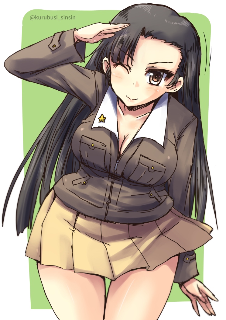 1girl ;) black_hair blush breasts brown_eyes cleavage girls_und_panzer jacket large_breasts long_hair looking_at_viewer nishi_kinuyo one_eye_closed pleated_skirt salute shinshin skirt smile solo twitter_username