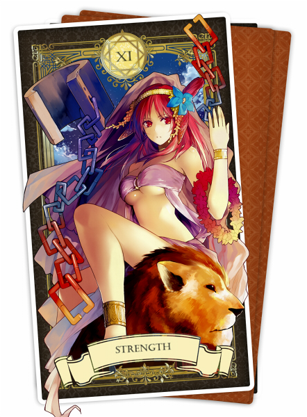 1girl anklet blue_flower bracelet breasts chains cleavage flower hair_flower hair_ornament hairband jewelry lion long_hair looking_at_viewer magi_the_labyrinth_of_magic medium_breasts midriff morgiana necomi red_eyes redhead sitting solo stomach strength_(tarot_card) under_boob