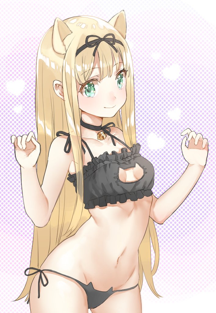1girl alternate_costume animal_ears bell bell_collar blonde_hair breasts cat_cutout cat_ear_panties cat_ears cat_lingerie cleavage_cutout collar commentary cowboy_shot green_eyes hair_ribbon heart heart_background kantai_collection long_hair looking_at_viewer meme_attire navel panties polka_dot polka_dot_background ribbon shiosoda side-tie_panties small_breasts smile solo underwear yuudachi_(kantai_collection)