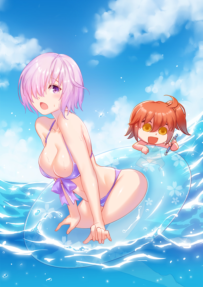 2girls :d ahoge arched_back bangs bikini blue_sky blush breasts brown_hair cherry_blossoms chibi clouds cloudy_sky collarbone day empty_eyes fate/grand_order fate_(series) floral_print fujimaru_ritsuka_(female) hair_over_one_eye halter_top halterneck holding holding_pencil innertube large_breasts mash_kyrielight multiple_girls navel ocean open_mouth outdoors pencil popping purple_bikini purple_hair riyo_(lyomsnpmp)_(style) shielder_(fate/grand_order) short_hair side_ponytail sky smile sparkle swimsuit thighs violet_eyes wet xion32 yellow_eyes