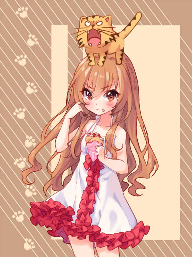 &gt;:( 1girl adjusting_hair aisaka_taiga animal animal_on_head artist_name bangs bare_arms bare_shoulders blush brown_eyes brown_hair closed_mouth commission cowboy_shot dress eyebrows_visible_through_hair fangs food food_on_face frilled_dress frills hair_between_eyes halterneck hand_up holding holding_food hyanna-natsu long_hair looking_at_viewer on_head palmtop_tiger paw_background sleeveless sleeveless_dress standing striped striped_background sundress toradora! very_long_hair wavy_hair whiskers white_dress