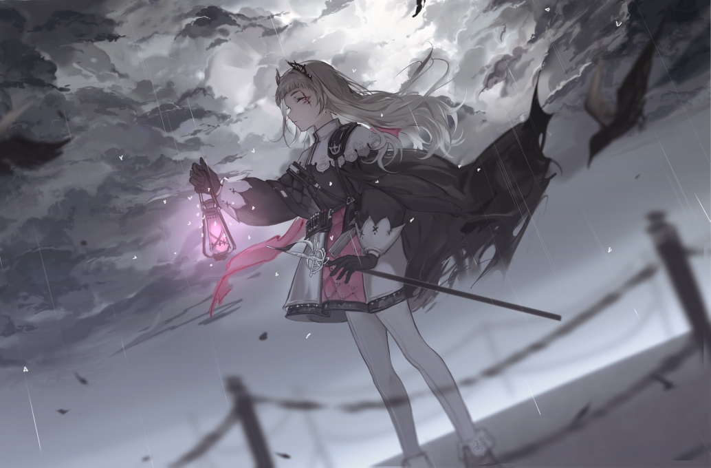 1girl arknights black_gloves black_jacket brown_eyes closed_mouth clouds cloudy_sky dutch_angle feet_out_of_frame gloves gun hair_ornament holding holding_lantern irene_(arknights) jacket lantern layered_skirt light light_particles long_hair looking_at_viewer mlcc_3190969461 outdoors pantyhose purple_skirt railing rain rapier scar scar_across_eye scar_on_face silver_hair skirt sky solo standing sword weapon white_legwear white_skirt