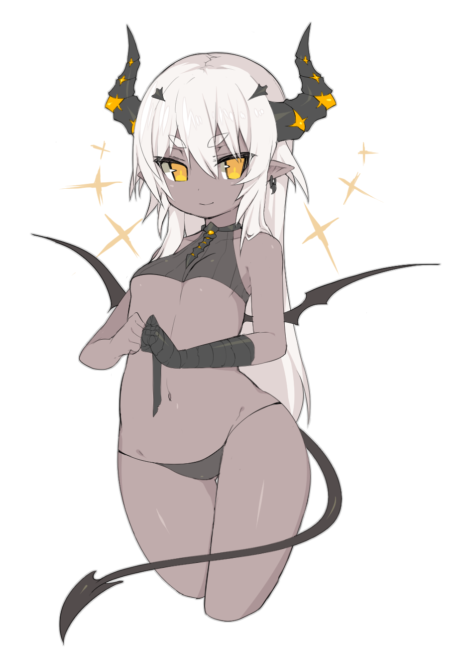 1girl bandage bandaged_arm bare_shoulders black_panties black_shirt breasts closed_mouth contrapposto crop_top cropped_legs dark_skin demon_girl demon_horns demon_tail demon_wings earrings eyebrows_visible_through_hair hair_between_eyes highres horns jewelry long_hair looking_at_viewer mofuaki original panties pointy_ears shirt simple_background sleeveless sleeveless_shirt small_breasts smile solo sparkle standing striped striped_panties tail thick_eyebrows tsurime under_boob underwear very_long_hair white_background white_hair wings yellow_eyes