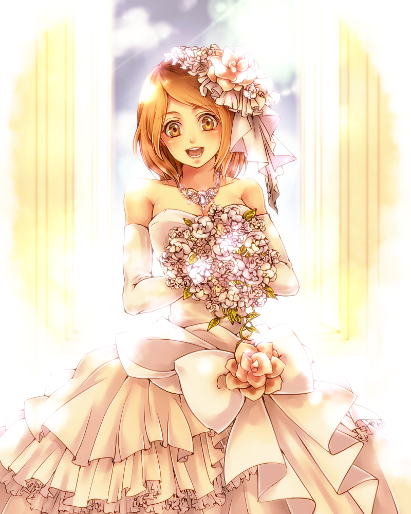 1girl :d bouquet brown_eyes brown_hair collarbone detached_sleeves dress flower hair_ornament holding holding_bouquet jewelry layered_dress long_hair looking_at_viewer necklace open_mouth petra_ral raven-y2 shingeki_no_kyojin sleeveless sleeveless_dress smile solo standing strapless strapless_dress striped striped_dress white_dress white_flower