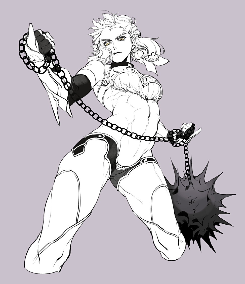 1girl armor ball_and_chain breasts chains closed_mouth cropped_legs fate/grand_order fate_(series) fighting_stance from_below grey_background greyscale holding holding_weapon large_breasts legs_apart long_hair looking_at_viewer looking_down monochrome muscle muscular_female navel penthesilea_(fate/grand_order) serious simple_background solo spikes spot_color standing vambraces weapon yellow_eyes yosi135