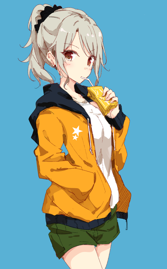 1girl blue_background brown_eyes drinking eyebrows_visible_through_hair grey_hair hand_in_pocket hood hoodie jacket long_sleeves looking_at_viewer open_clothes open_jacket original ponytail scrunchie shiina_kuro simple_background solo
