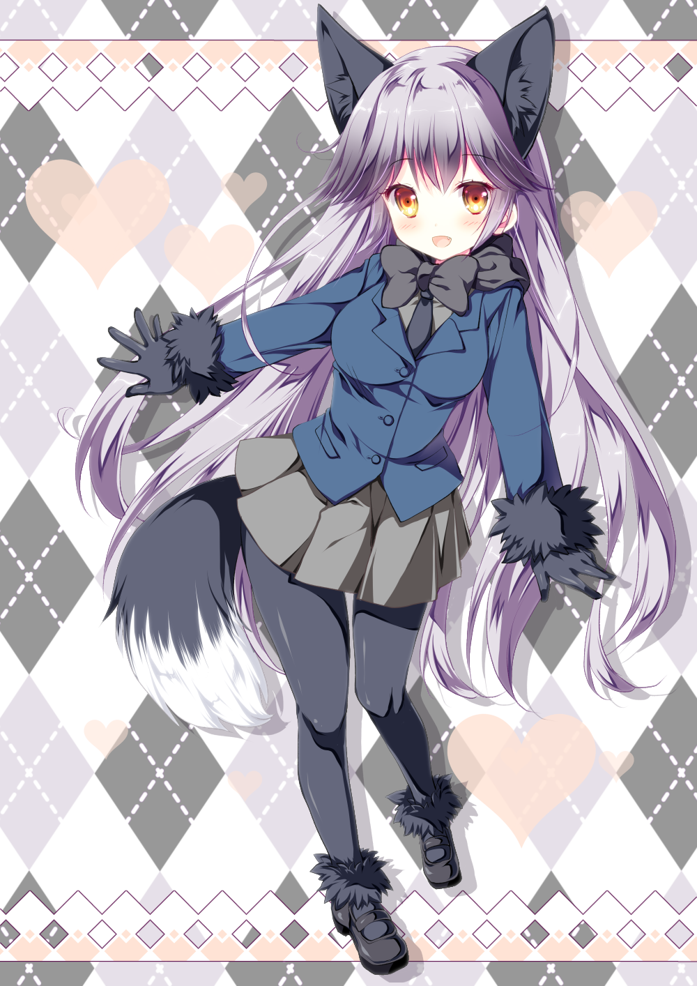 1girl :d animal_ears argyle argyle_background black_bow black_gloves black_legwear black_neckwear blue_jacket blush bow bowtie buttons closed_eyes extra_ears fox_ears fox_tail full_body fur_trim gloves grey_skirt heart highres jacket kemono_friends long_hair long_sleeves looking_at_viewer miniskirt necktie open_mouth pantyhose pleated_skirt silver_fox_(kemono_friends) silver_hair skirt smile solo tail tamiya_akito very_long_hair yellow_eyes