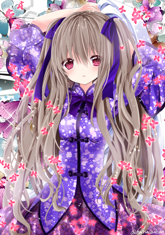 1girl arms_up bangs blush bow breasts brown_hair butterfly chinese_clothes commentary_request eyebrows_visible_through_hair floral_print hair_between_eyes hair_ribbon head_tilt lolita_fashion long_hair looking_at_viewer nanase_nao original parted_lips print_shirt print_skirt purple_bow purple_ribbon purple_shirt purple_skirt qi_lolita red_eyes ribbon shirt short_sleeves sidelocks skirt small_breasts solo twintails twitter_username very_long_hair wide_sleeves
