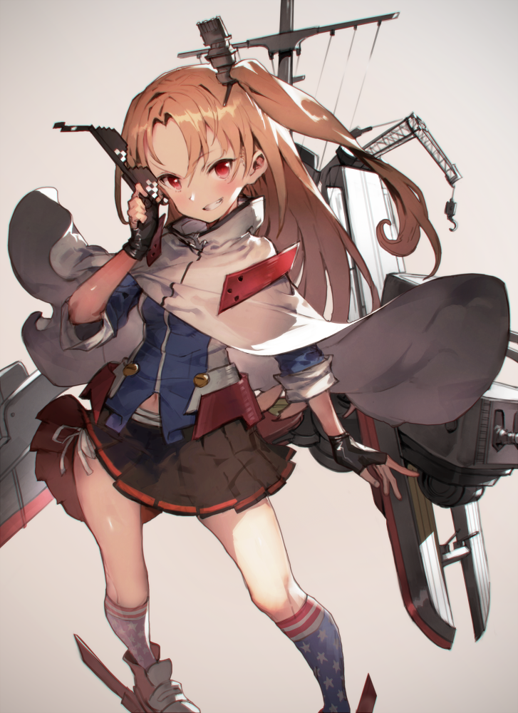 1girl american_flag_legwear azur_lane bangs bikini blonde_hair breasts brown_background cannon cape cleveland_(azur_lane) collar crane flush grin gun high_collar holding holding_sunglasses long_hair looking_at_viewer machinery mast medium_breasts meme_attire navel one_side_up parted_bangs pleated_skirt red_eyes rigging side-tie_bikini simple_background skirt sleeves_rolled_up smile smug socks solo sunglasses swimsuit toridamono turret weapon