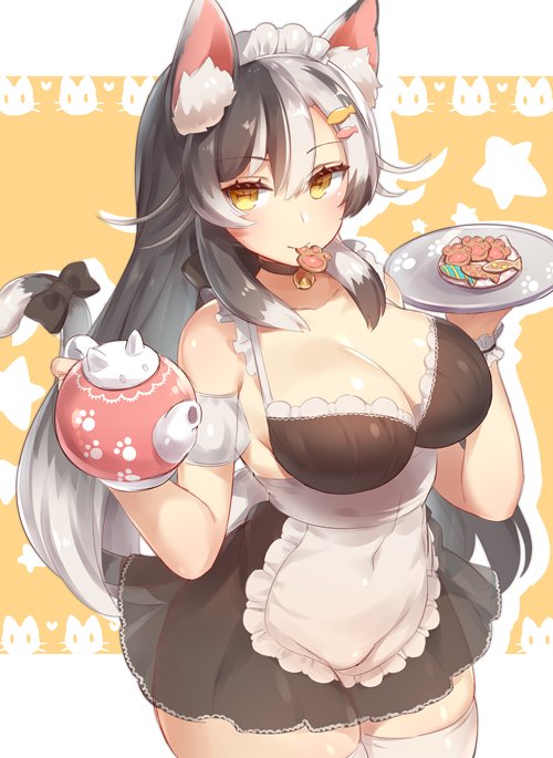 1girl animal_ears apron bare_shoulders bell bell_choker bikini black_bikini black_hair blush breasts brown_eyes cat_ears cat_tail character_request choker cleavage covered_navel curvy food gradient_hair hair_ornament hairclip large_breasts long_hair looking_at_viewer multicolored_hair ribbon see-through silver_hair skirt smile solo swimsuit tail tail_ribbon teapot thick_thighs thigh-highs tray white_legwear wide_hips yamaarashi zettai_ryouiki