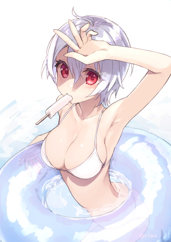 1girl albino arm_up armpits bad_anatomy bangs bikini blush breasts cleavage day food hair_between_eyes innertube looking_at_viewer medium_breasts mouth_hold ocean original partially_submerged popsicle red_eyes rimo short_hair silver_hair solo swimsuit twisted_torso twitter_username white_bikini white_hair