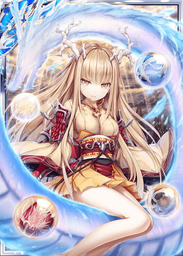 1girl akkijin blonde_hair card_(medium) dragon goddess horns japanese_clothes looking_at_viewer obi orb pleated_skirt sash shinkai_no_valkyrie sitting skirt sky solo weapon yellow_eyes