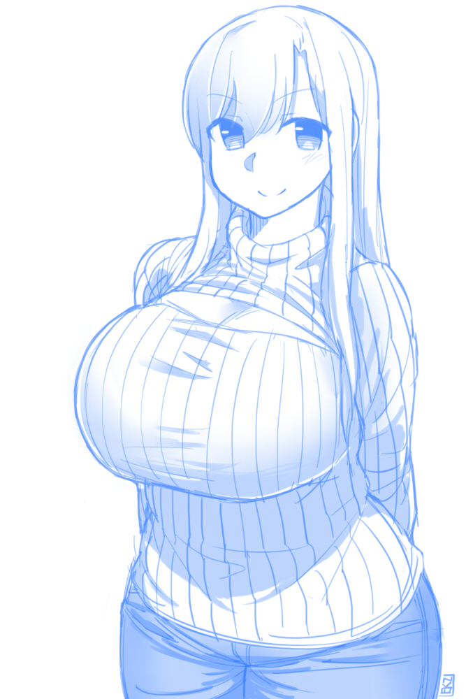 &gt;:) 1girl arms_behind_back blue blush breasts cleavage cleavage_cutout closed_mouth ekz_(drawfag) huge_breasts long_hair looking_at_viewer meme_attire monochrome open-chest_sweater original pants ribbed_sweater sketch smile solo standing sweater turtleneck turtleneck_sweater white_background