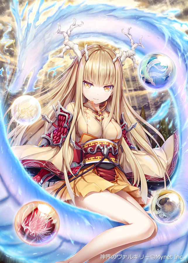 1girl akkijin blonde_hair dragon goddess horns japanese_clothes looking_at_viewer obi orb pleated_skirt red_eyes sash shinkai_no_valkyrie sitting skirt sky solo weapon