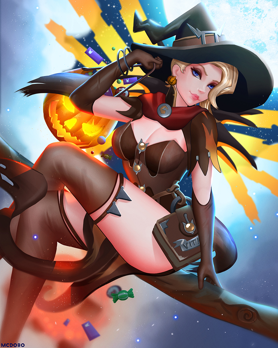 1girl alternate_costume arm_at_side arm_support arm_up bangle blonde_hair blue_eyes bodice book bracelet breasts brooch broom broom_riding brown_gloves brown_legwear candy capelet cleavage clouds cowboy_shot earrings elbow_gloves food full_moon gloves halloween halloween_costume hat highres holding jack-o'-lantern jack-o'-lantern_earrings jewelry legs_crossed lips looking_at_viewer mcdobo mechanical_wings medium_breasts mercy_(overwatch) moon night nose overwatch pelvic_curtain pink_lips revision short_sleeves sidesaddle smile solo thigh-highs wings witch witch_hat witch_mercy