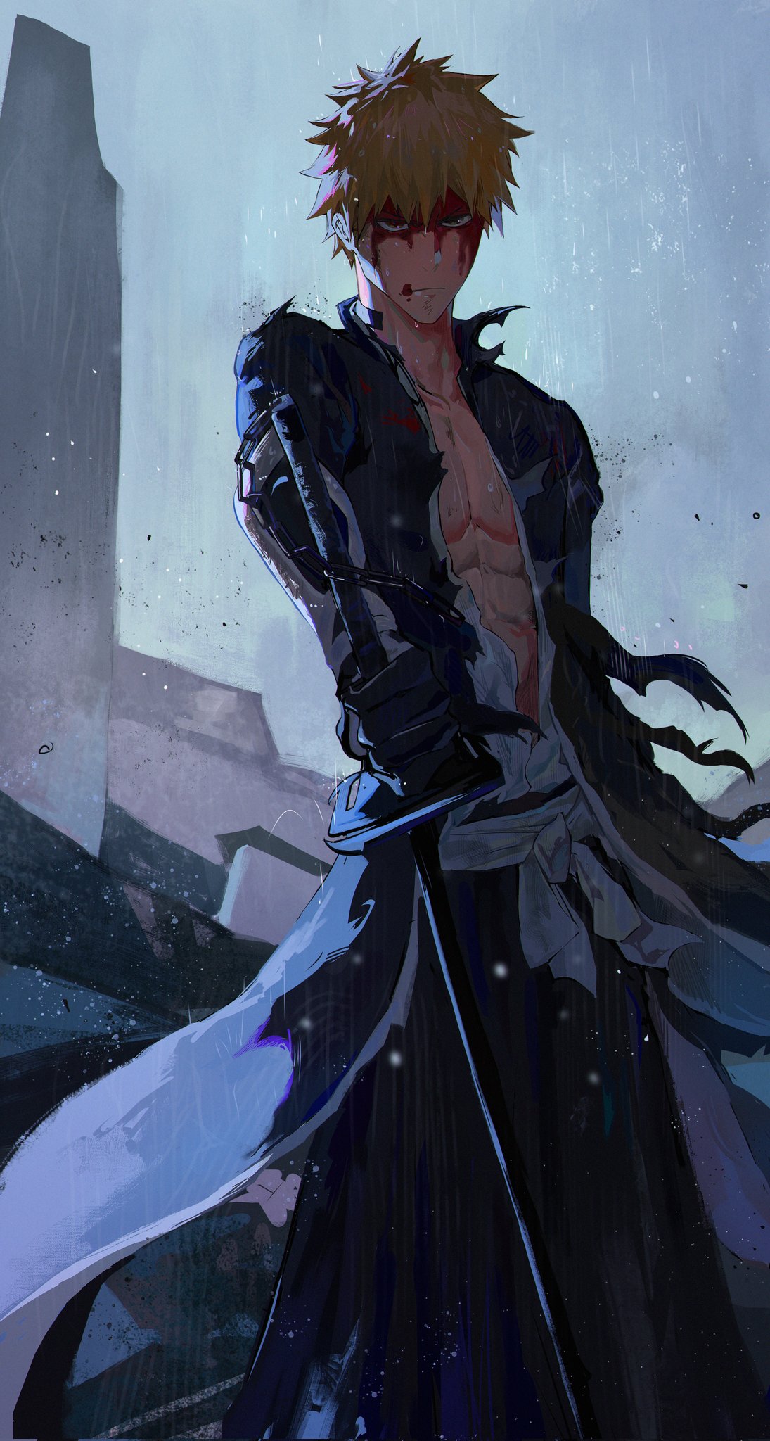 1boy black_hakama bleach blood blood_on_face collarbone feet_out_of_frame hakama highres holding holding_sword holding_weapon japanese_clothes kurosaki_ichigo long_sleeves looking_at_viewer male_focus muscular muscular_male open_clothes open_shirt outdoors pectorals rain solo standing sword torn_clothes weapon zzz_zhi_he