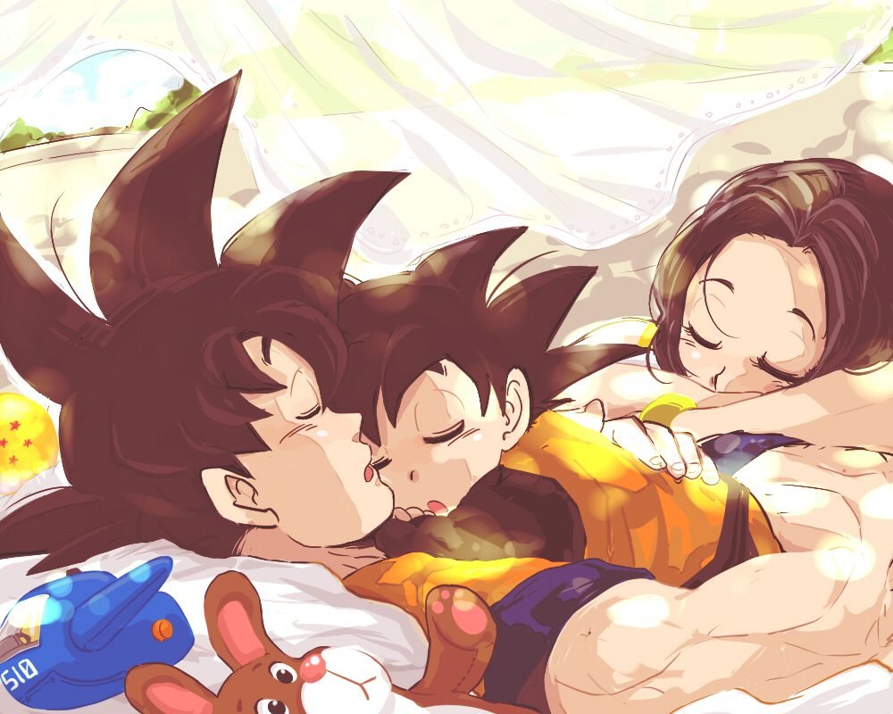 1girl 2boys black_hair chi-chi_(dragon_ball) closed_eyes couple curtains dougi dragon_ball dragon_ball_(object) dragonball_z family father_and_son hands_on_another's_back hug miiko_(drops7) mother_and_son multiple_boys open_mouth pillow short_hair sky sleeping son_gokuu son_goten spiky_hair sunlight toy window