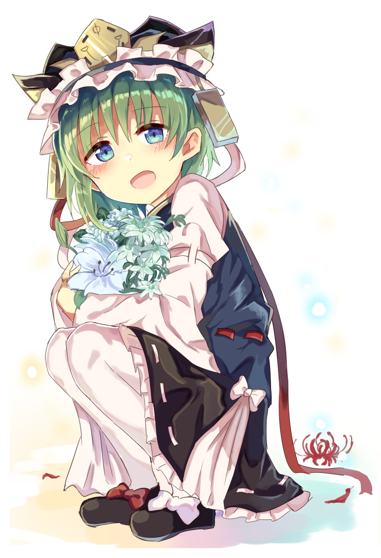 1girl bangs black_footwear black_hat black_skirt blue_eyes bouquet bow flower full_body green_eyes hat hat_ribbon holding holding_flower long_sleeves looking_at_viewer pantyhose red_bow red_ribbon ribbon ribbon-trimmed_skirt ribbon_trim shiki_eiki shiny shiny_hair shoe_bow shoes simple_background skirt smile solo spider_lily squatting to-den_(v-rinmiku) touhou vest white_background white_bow white_legwear white_ribbon wide_sleeves