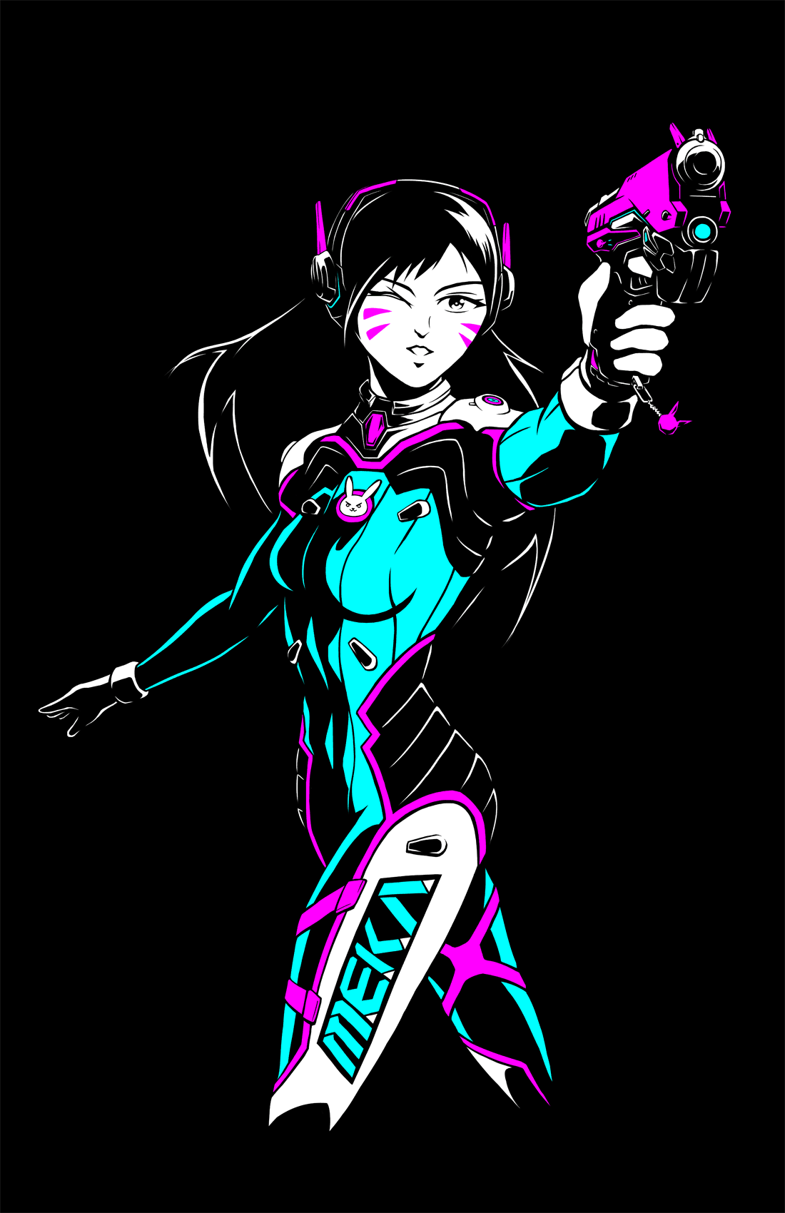 1girl acronym aiming animal_print bangs black_background blue_bodysuit bodysuit bokchoi-al breasts brown_eyes brown_hair bunny_print clothes_writing cowboy_shot d.va_(overwatch) facepaint facial_mark flat_color gloves gun handgun headphones high_collar highres holding holding_gun holding_weapon long_hair looking_at_viewer one_eye_closed overwatch parted_lips pilot_suit pistol ribbed_bodysuit shoulder_pads simple_background skin_tight small_breasts solo swept_bangs weapon whisker_markings white_gloves