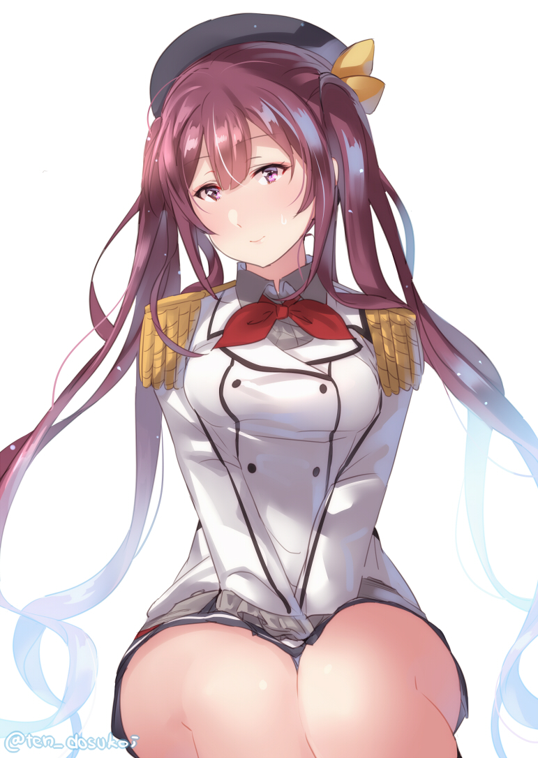 1girl beret black_hat brown_eyes brown_hair cosplay epaulettes frilled_sleeves frills hat juurouta kamikaze_(kantai_collection) kantai_collection kashima_(kantai_collection) kashima_(kantai_collection)_(cosplay) long_hair long_sleeves looking_at_viewer military military_jacket military_uniform neckerchief red_neckerchief sitting solo twintails uniform white_background
