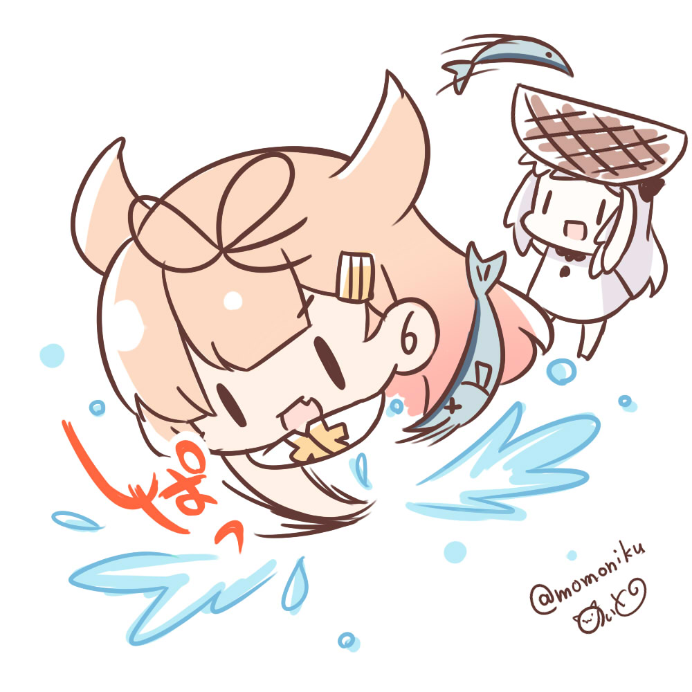0_0 2girls :d basket bow chibi commentary_request dress fang fish fishing hair_bow hair_flaps hair_ornament hair_ribbon hairclip kantai_collection lifting light_brown_hair long_hair momoniku_(taretare-13) multiple_girls northern_ocean_hime open_mouth ribbon saury scarf shinkaisei-kan simple_background sketch smile translation_request twitter_username white_background white_dress white_hair white_skin yuudachi_(kantai_collection) |_|