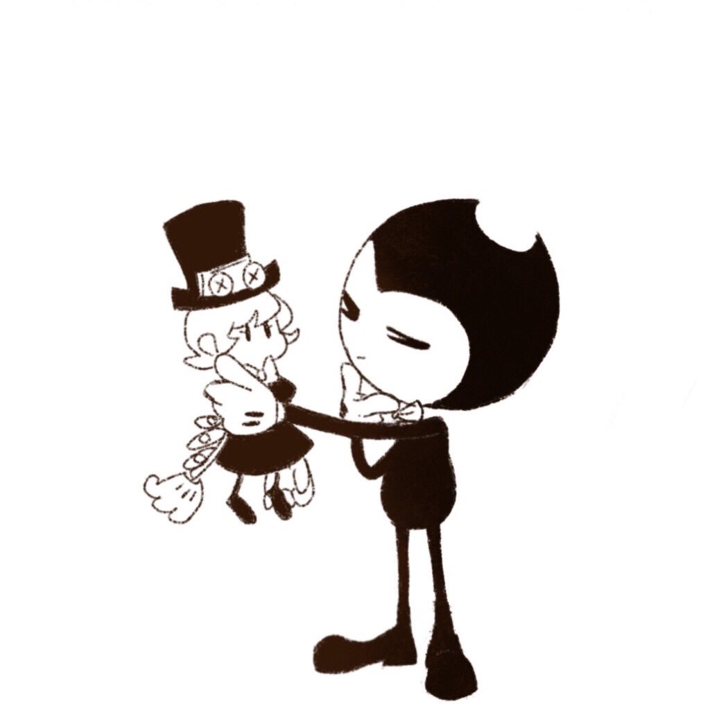 1boy bendy_(character) bendy_and_the_ink_machine bow bowtie character_doll full_body hat male_focus monster pac-man_eyes peacock_(skullgirls) simple_background skullgirls solid_oval_eyes top_hat trait_connection white_background