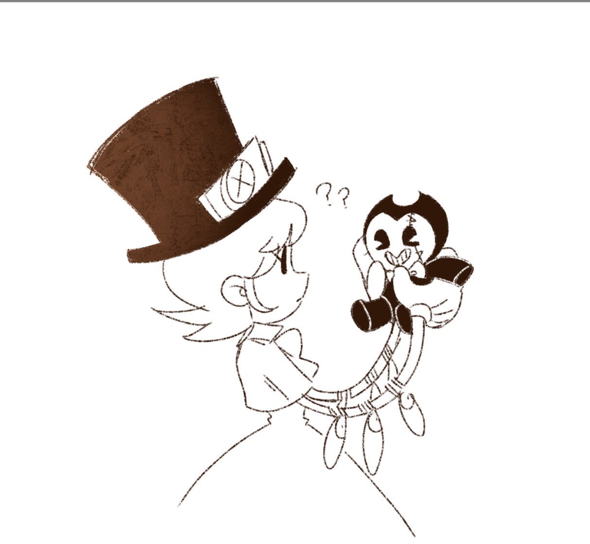 1girl ?? bendy_(character) bendy_and_the_ink_machine character_doll dress gloves greyscale hat monochrome pac-man_eyes peacock_(skullgirls) skullgirls solid_oval_eyes top_hat trait_connection