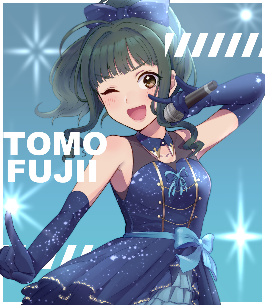 &gt;;d 1girl ;d bangs black_hair blunt_bangs brown_eyes character_name dress elbow_gloves eyebrows_visible_through_hair fujii_tomo gloves idolmaster idolmaster_cinderella_girls long_hair microphone monotiina one_eye_closed open_mouth smile solo