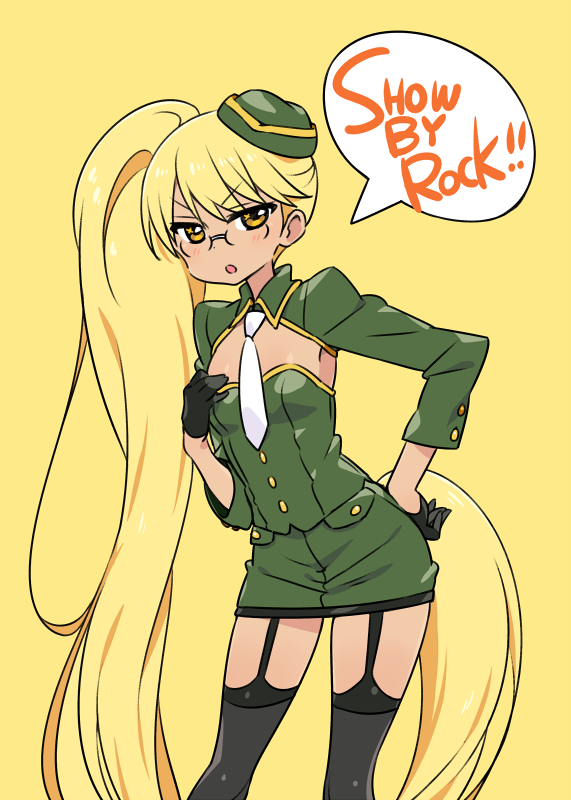 &gt;:o 1girl :o absurdly_long_hair bangs beret black_gloves blonde_hair chan_co cleavage_cutout copyright_name eyebrows_visible_through_hair glasses gloves green_hat green_jacket green_skirt half_gloves hand_on_hip hand_on_own_chest hat jacket leaning_forward long_hair long_sleeves looking_at_viewer miniskirt necktie retoree show_by_rock!! simple_background skirt solo speech_bubble standing symbol_in_eye thigh-highs very_long_hair white_necktie yellow_background yellow_eyes