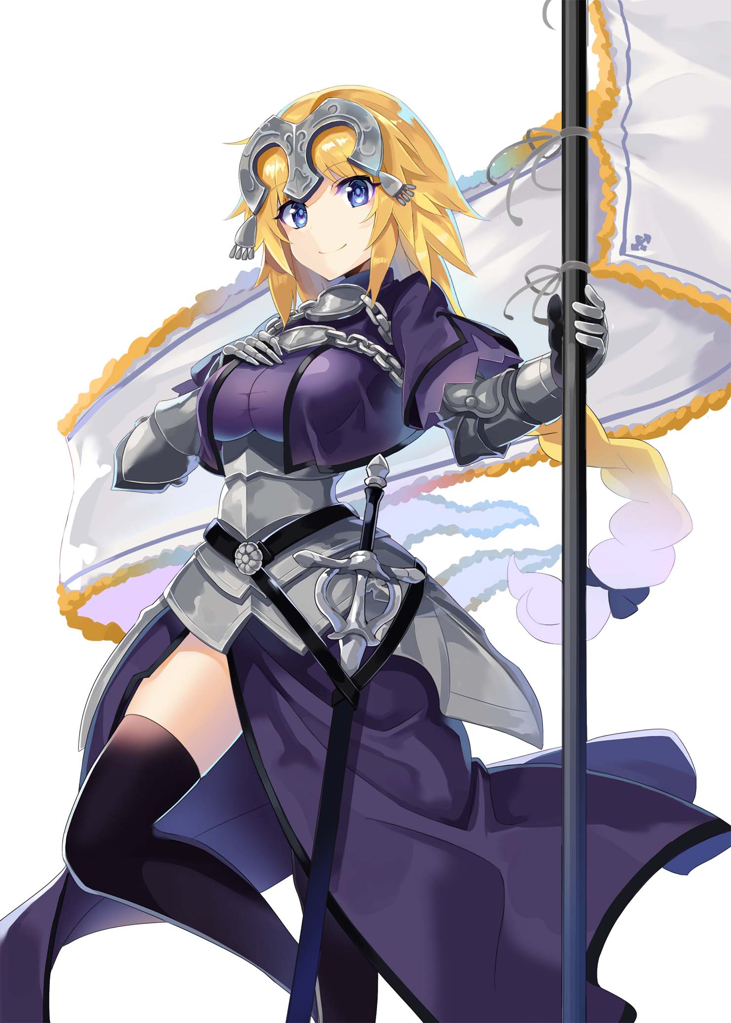 1girl armor armored_dress blonde_hair blue_eyes braid capelet cowboy_shot dress fate/apocrypha fate_(series) faulds flag gauntlets headpiece highres long_hair looking_at_viewer rin_falcon ruler_(fate/apocrypha) simple_background solo standard_bearer sword thigh-highs weapon white_background