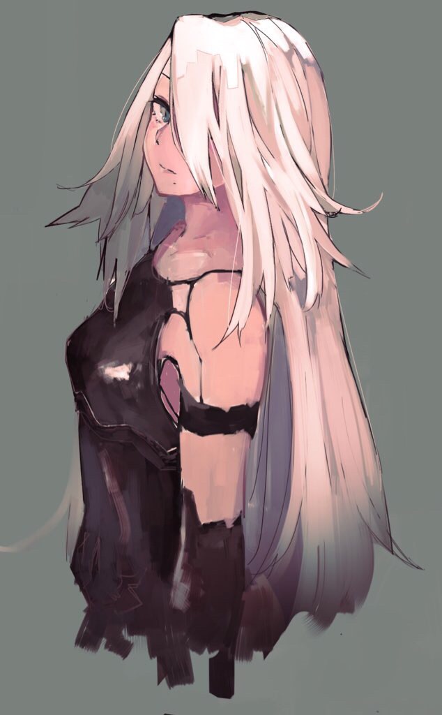 1girl android armpits bare_shoulders blue_eyes breasts closed_mouth collarbone cropped_torso ea_kon expressionless eyelashes facing_away green_background hair_over_one_eye head_tilt long_hair looking_at_viewer mole mole_under_mouth nier_(series) nier_automata robot_joints shaft_look simple_background small_breasts solo standing straight_hair tsurime very_long_hair white_hair yorha_type_a_no._2