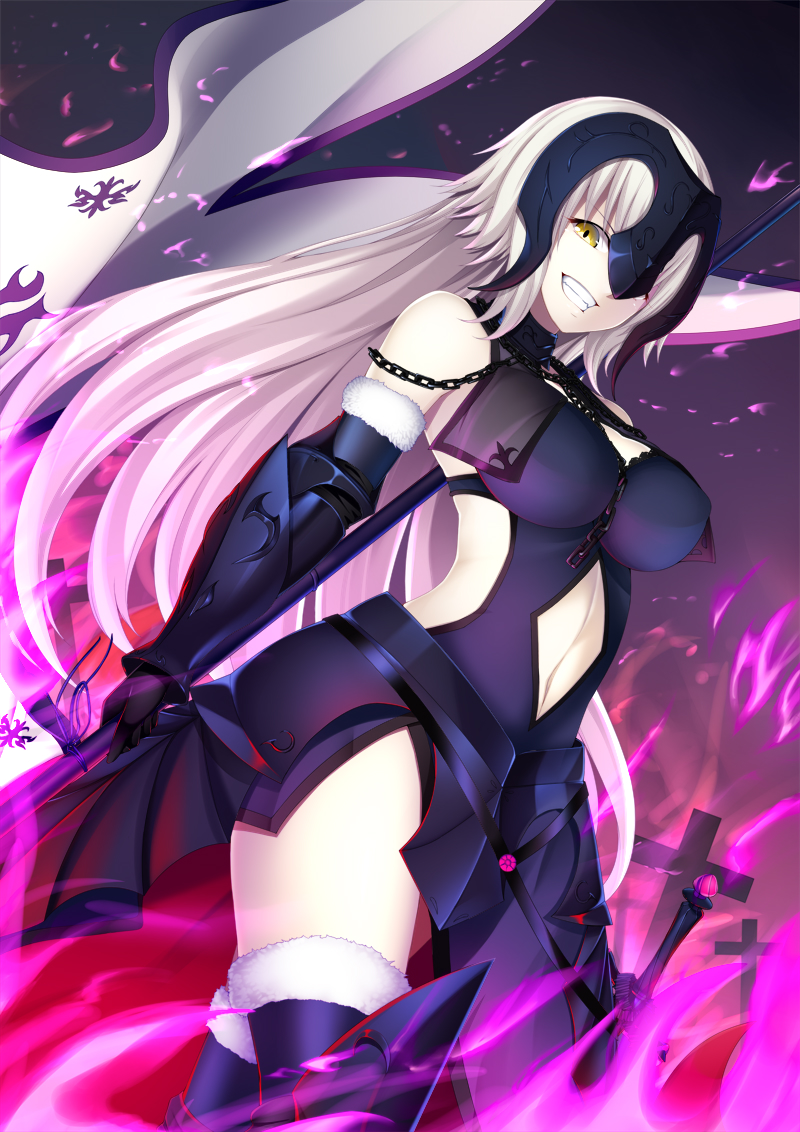 1girl :d banner breasts chains cross dutch_angle fate/grand_order fate_(series) headpiece jeanne_alter large_breasts long_hair looking_at_viewer navel navel_cutout open_mouth ruler_(fate/apocrypha) side_cutout smile standard_bearer sword thigh-highs thighs tsugaru_(co-walker) weapon yellow_eyes
