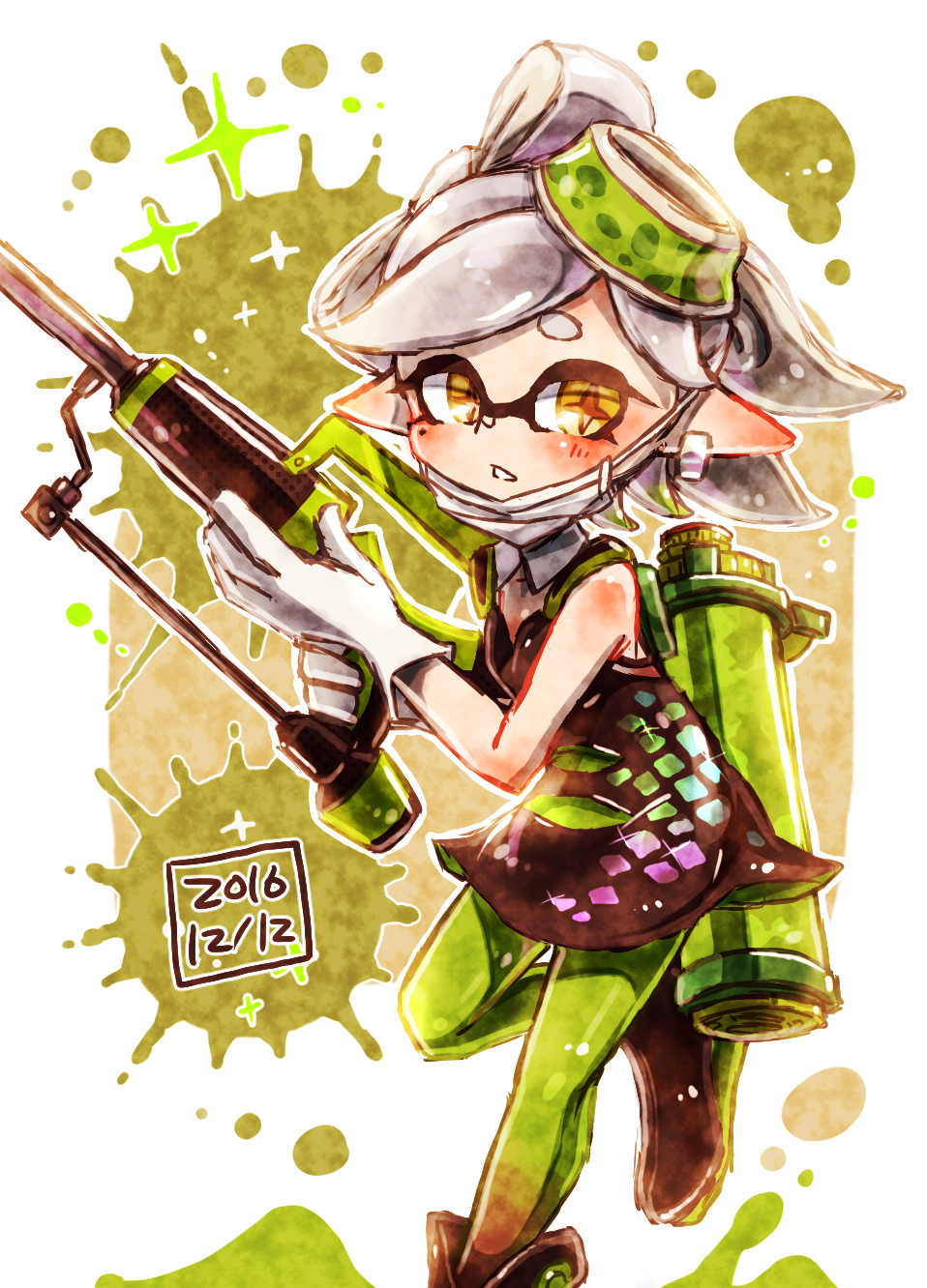 +_+ 1girl ankle_boots black_footwear boots brown_eyes dated detached_collar domino_mask dress earrings face_mask food food_on_head full_body gloves green_legwear grey_hair harutarou_(orion_3boshi) hero_charger_(splatoon) highres holding holding_weapon hotaru_(splatoon) ink_tank_(splatoon) jewelry leg_up looking_at_viewer mask mask_pull mole mole_under_eye object_on_head parted_lips pointy_ears short_dress short_hair solo splatoon splatoon_1 squidbeak_splatoon standing standing_on_one_leg strapless strapless_dress tentacle_hair weapon white_gloves