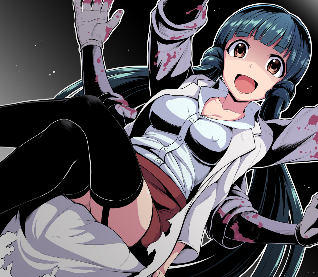 1girl blood blood_splatter blue_hair blush breasts brown_eyes dan_(orange_train) extra_arms idolmaster idolmaster_million_live! kitakami_reika labcoat long_hair looking_at_viewer medium_breasts open_mouth shaded_face smile solo twintails