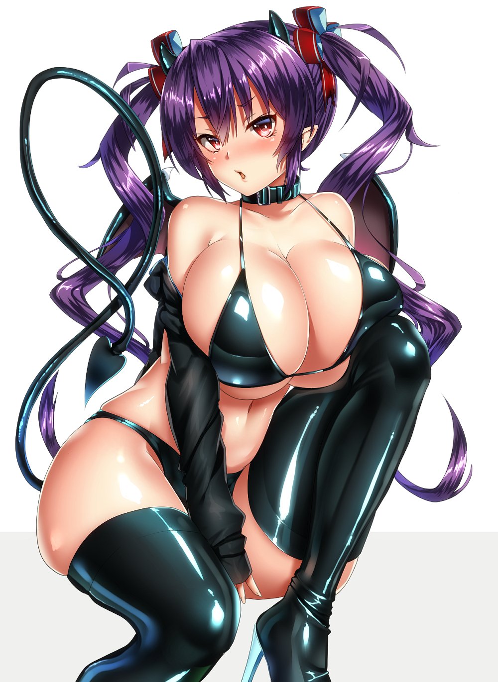 1girl bare_shoulders bikini black_bikini black_legwear blush boots breasts cleavage demon_girl demon_horns demon_tail hair_ribbon high_heel_boots high_heels highres horns huge_breasts keita_(tundereyuina) leather leather_boots long_hair looking_at_viewer navel off_shoulder open_mouth original purple_hair red_eyes ribbon simple_background sleeves_past_wrists solo swimsuit tail thigh-highs thigh_boots twintails white_background