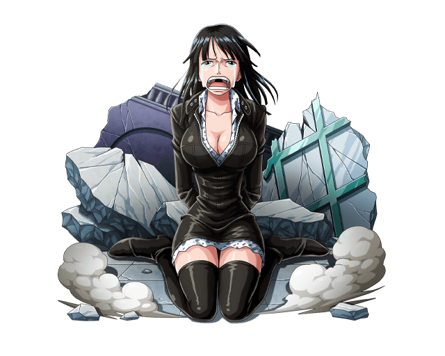 1girl arms_behind_back black_dress black_footwear black_hair blue_eyes bodskih boots breasts cleavage collarbone crying dress large_breasts long_hair looking_at_viewer nico_robin one_piece open_mouth short_dress sitting solo tears thigh-highs thigh_boots transparent_background