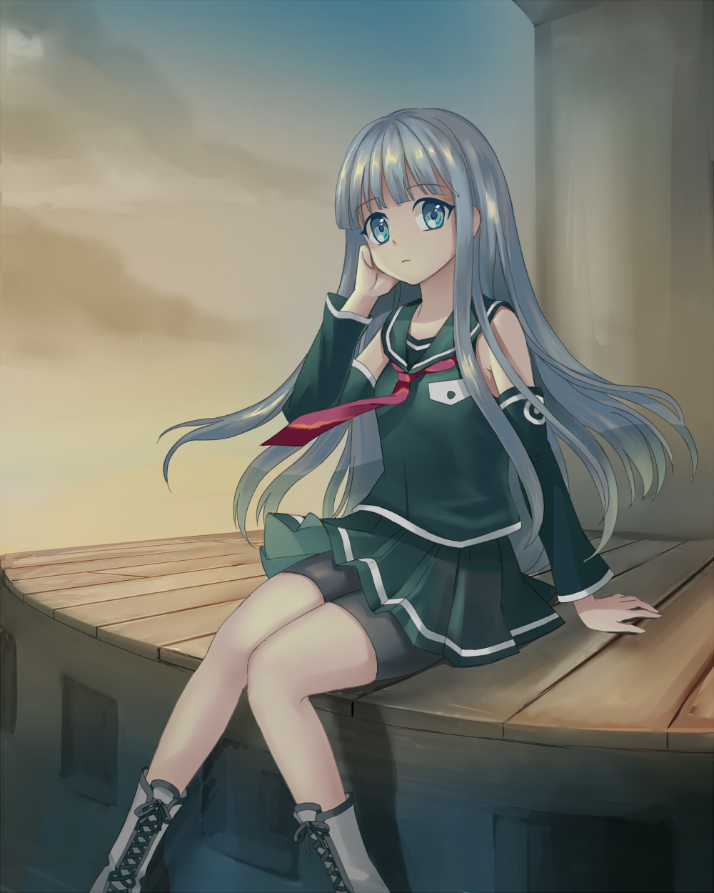 1girl aoki_hagane_no_arpeggio bike_shorts black_footwear blue_eyes blue_hair blue_shirt blue_skirt boots clouds cross-laced_footwear detached_sleeves eyebrows_visible_through_hair hand_on_own_cheek head_tilt highres iona knees_together_feet_apart long_hair long_sleeves necktie outdoors pleated_skirt red_necktie shirt shoes sitting skirt sky sleeveless sleeveless_shirt solo sunrise sunset very_long_hair white_boots wooden_floor yuli