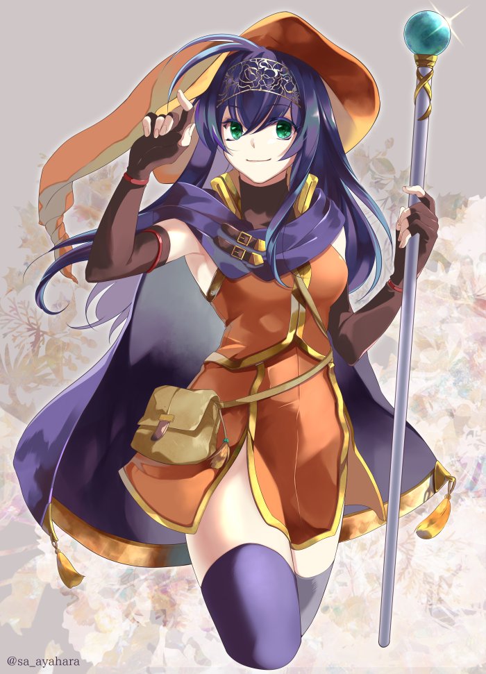 1girl blue_hair cyaca_ab elbow_gloves fire_emblem fire_emblem:_akatsuki_no_megami fire_emblem:_souen_no_kiseki gloves green_eyes hat holding long_hair looking_at_viewer smile solo staff thigh-highs wayu_(fire_emblem) witch_hat