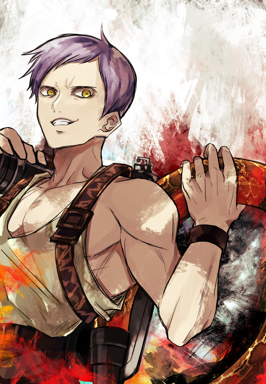 1boy bare_shoulders flamethrower grin highres jumpsuit juuni_taisen male_focus nakuru_796 purple_hair smile solo teeth tsumita_takeyasu upper_body weapon yellow_eyes