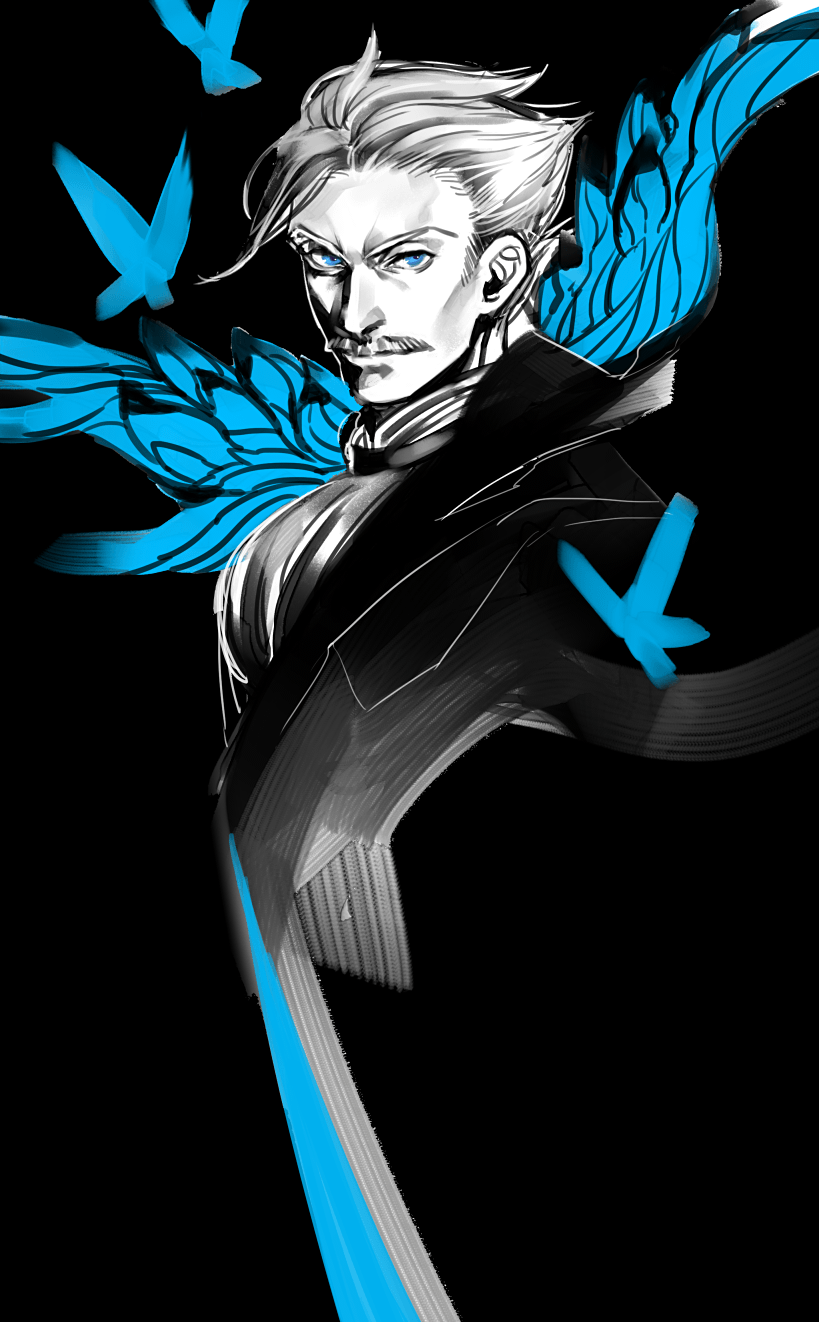1boy bird black_background blue_eyes closed_mouth cropped_torso dove facial_hair fate/grand_order fate_(series) greyscale hair_slicked_back highres james_moriarty_(fate/grand_order) looking_at_viewer male_focus monochrome mustache simple_background smile solo spot_color yosi135