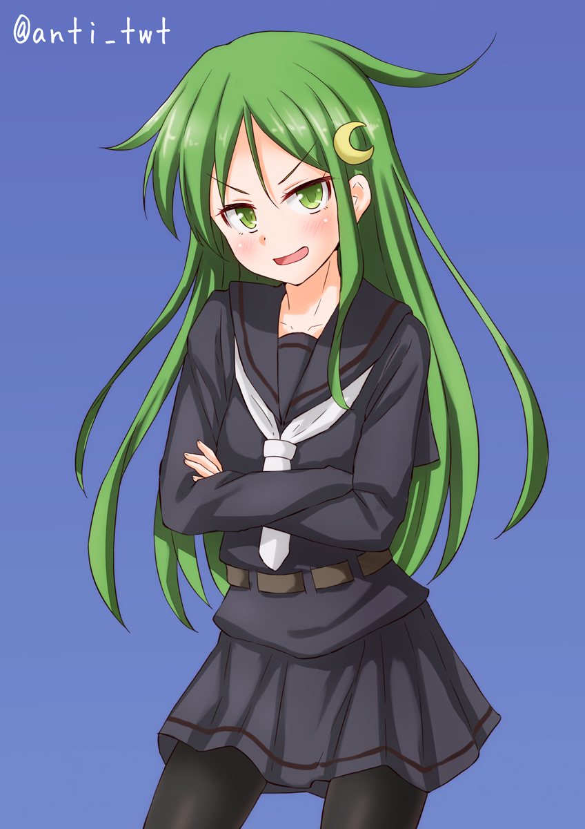 1girl anti_(untea9) black_legwear black_serafuku blue_background crescent crescent_hair_ornament crossed_arms gradient gradient_background green_eyes green_hair hair_ornament highres kantai_collection long_hair looking_at_viewer nagatsuki_(kantai_collection) necktie open_mouth pantyhose school_uniform serafuku solo twitter_username white_necktie