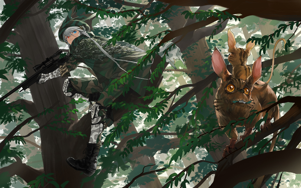 1girl animal animal_hat boots braid branch camouflage cape combat_boots commentary forest gloves gun hat heterochromia in_tree knee_pads looking_down looking_to_the_side nature original rifle scope side_braid silver_hair sleeves_rolled_up sniper sniper_rifle somehira_katsu tail tree weapon